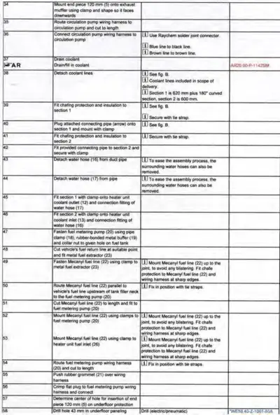 Numbered service steps table with detailed instructions for component assembly and routing.