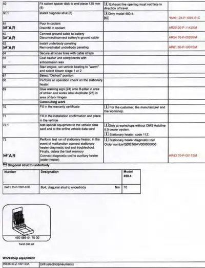 Service manual table with numbered installation steps for heater system on Smart 450.4 model