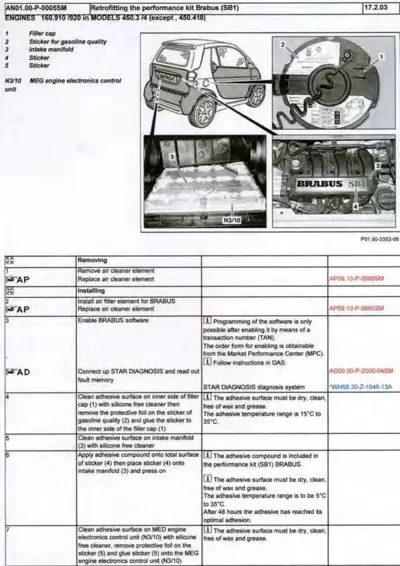 Service manual page showing Brabus SB1 kit retrofit steps with engine component photos and numbered installation callouts.