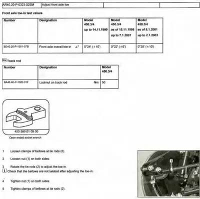 Service manual page showing front wheel alignment toe-in test values and track rod adjustment instructions with photo.