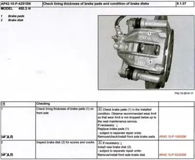 Brake caliper assembly showing brake pads and disk with numbered callouts for inspection procedure.