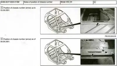 Two diagrams showing chassis number stamping locations on smart fortwo frame with detail photos.