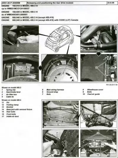 Service manual page showing rear drive module removal steps with multiple annotated photographs and diagram.