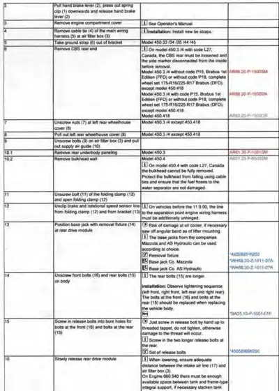 Service manual table showing removal procedures for engine bay components with numbered steps, model specifications, and reference codes.