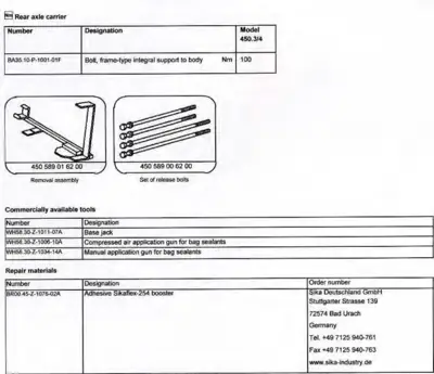 Technical specifications table for rear axle carrier with part numbers and torque values