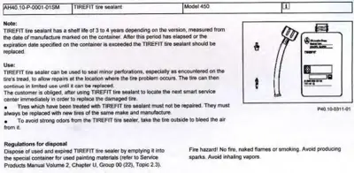 TIREFIT tire sealant documentation with product image, shelf life, usage instructions, and safety warnings.