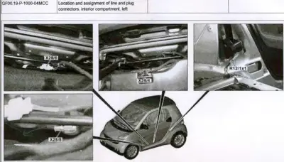 Four photographs showing connector locations on smart fortwo interior left side with reference diagram below.