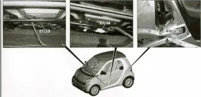 Three detail photos showing engine bay components labeled X28/5, X28/7, R12/1x1 with location diagram.