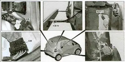 Technical diagram showing engine compartment wiring connectors and their locations.
