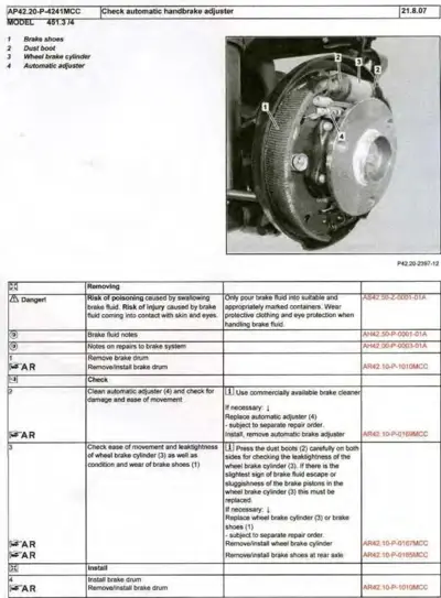 Labeled brake drum components showing brake shoes, dust boot, wheel brake cylinder, and automatic adjuster.