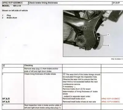Service procedure showing brake drum with plug and lining wear measurement points.