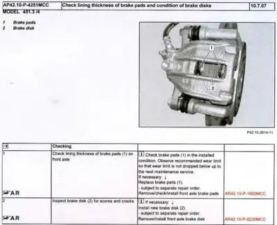 Brake caliper showing pads (1) and disk (2) with inspection procedure