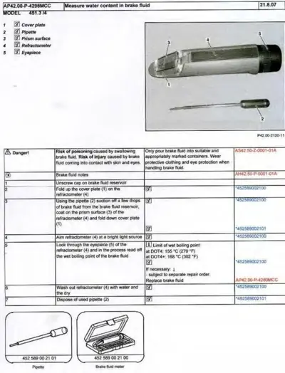 Refractometer tool with labeled components and step-by-step brake fluid testing instructions for smart cars.