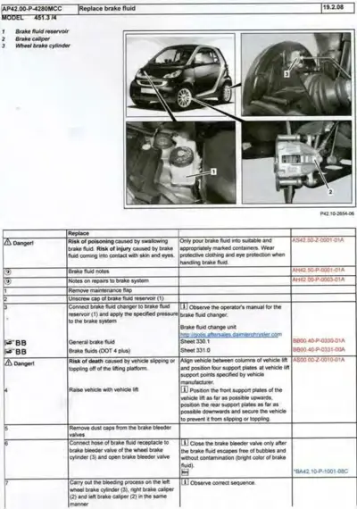 Service manual page showing brake fluid replacement steps with photos of brake components and numbered callouts.