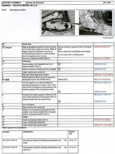 Service manual page showing oil pressure switch S41/1 location with two engine bay photos and numbered procedure steps.