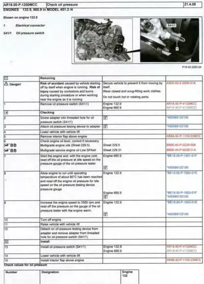Service procedure for oil pressure switch with engine photos, numbered steps 1-15, and parts reference table.