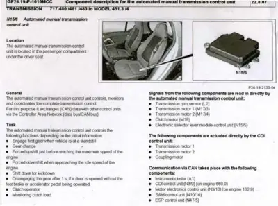 Transmission control unit N15/6 mounted under driver seat with interior photo and component diagram.