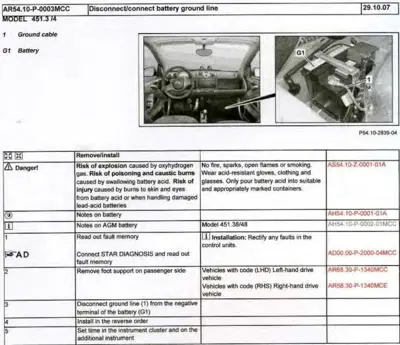 Service manual page showing battery ground cable removal and installation procedure with interior and engine bay photos.