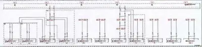 Electrical wiring diagram with repeated relay and switch circuit patterns for vehicle lighting systems.