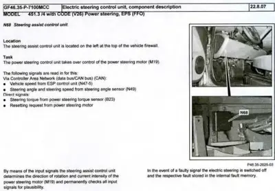 Steering assist control unit N68 mounted on firewall with installation photos and component description.