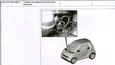 Close-up photo of ground point W43 on firewall with car diagram below.