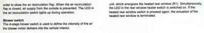Text describing air recirculation flap closure and blower switch intensity settings.