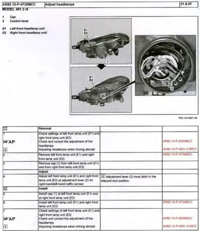Headlamp assembly diagram with numbered callouts and adjustment lever detail for smart fortwo 451.