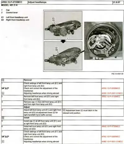 Exploded view of headlamp assemblies and adjustment mechanism for Smart Fortwo model 451.374