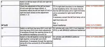 Service manual table with headlamp switching and adjustment instructions for Smart fortwo.