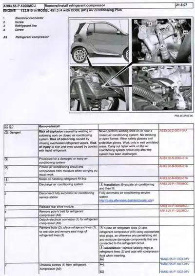 Engine bay photo showing refrigerant compressor location and removal procedure with numbered callouts.