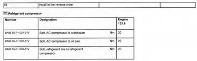 Torque specification table for AC compressor bolts and refrigerant lines