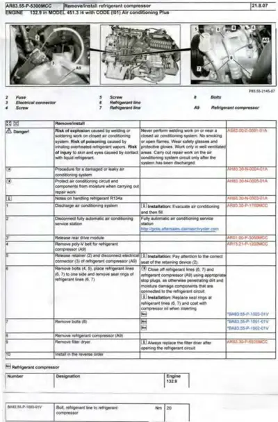 Service manual page showing three engine bay photos with numbered callouts and detailed A/C compressor removal procedure table.