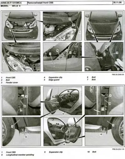 Multi-panel service diagram showing front CBS removal steps with 10 numbered callout locations on smart fortwo.