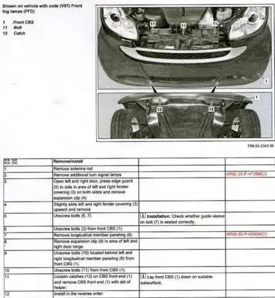 Two vehicle front view photos showing fog lamp callout locations with removal/installation procedure table below.