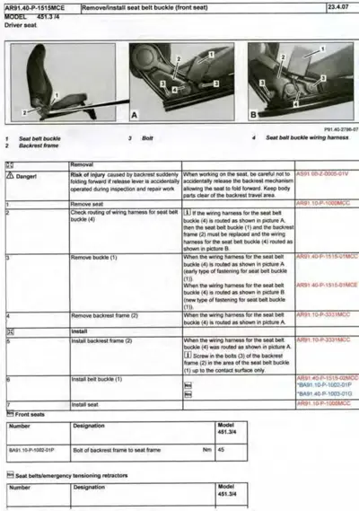 Service manual page showing seat belt buckle removal steps A and B with labeled components and installation instructions.