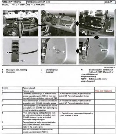 Six photos showing auxiliary jack removal steps, passenger paneling, connectors, clamping ring, and expander on smart fortwo 451.