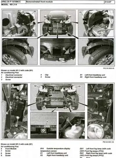 Multiple views of front module disassembly with numbered callouts for headlamps, connectors, screws and clips on chassis 451.