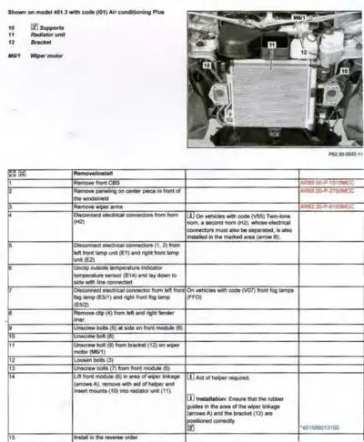 Engine bay photo showing radiator unit with numbered callout points 10, 11, 12; disassembly steps table below.