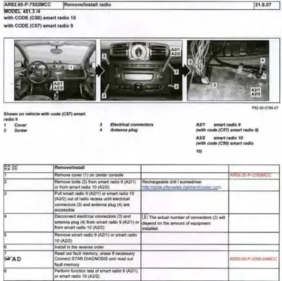 Numbered callout diagram of radio removal steps with three interior/engine bay photos and service procedure table.