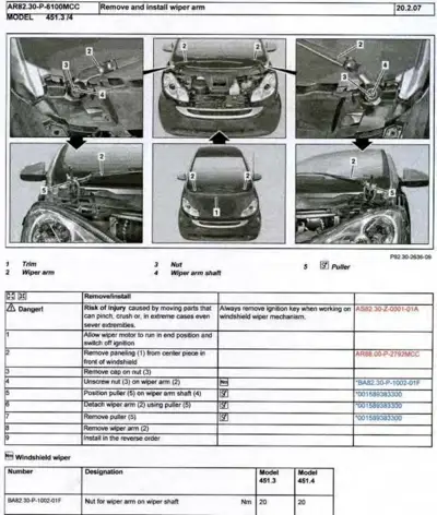 Wiper arm removal procedure with six detail photos showing windshield, hood, and side views with numbered callouts.