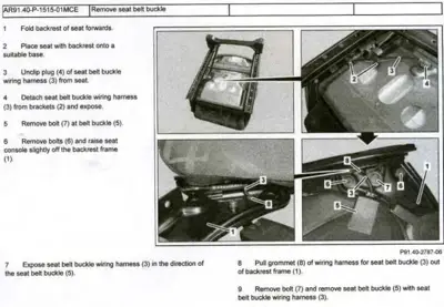 Step-by-step service procedure for removing seat belt buckle assembly from Smart fortwo seat.