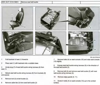 Six-panel service procedure showing seat belt buckle removal steps with numbered parts and components.