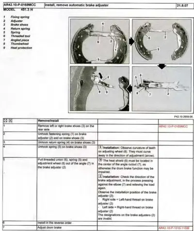 Four exploded view photos showing brake shoe assembly components and adjuster mechanism with numbered callouts.