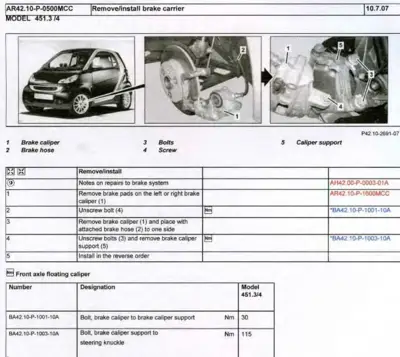 Service procedure showing brake carrier components and step-by-step removal sequence with labeled parts.