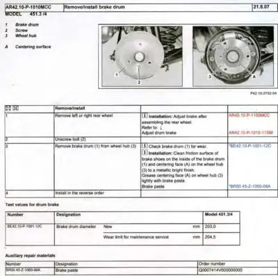 Brake drum service guide showing drum assembly, callouts, and maintenance specifications for chassis 451.