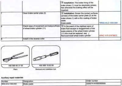 Service table with brake maintenance steps, illustrated tools (pliers and removal tool), and brake paste specifications