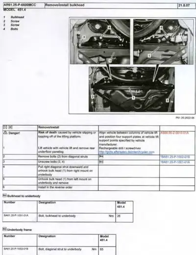 Three engine bay photos showing bulkhead assembly with numbered callouts and service procedure table.