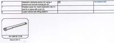 Wrench tool SW 12 part number 451 589 00 10 00 with numbered service steps table.
