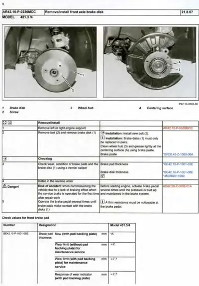 Two photos showing brake disk assembly with numbered callouts, plus service procedure table and specification values.