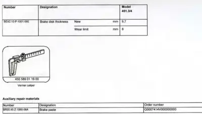Brake disk wear specifications table with part number and vernier caliper illustration.